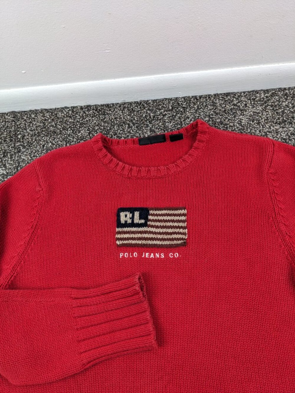 Vintage Polo Jeans Co Ralph Lauren Sweater American Flag Cotton Red Womens XL